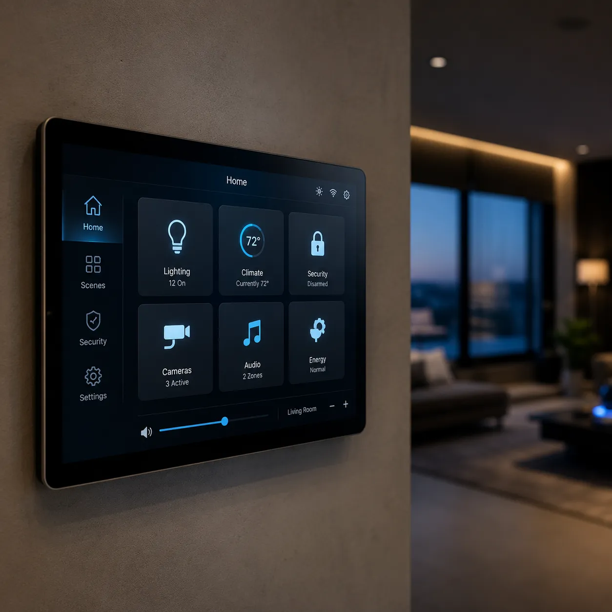 Control4 whole-home automation system integrating lighting, climate, security, and multi-room audio in a modern smart home