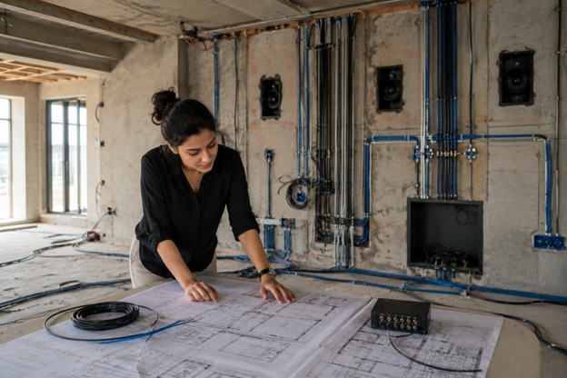 AV consultant planning home theatre wiring layout during construction.