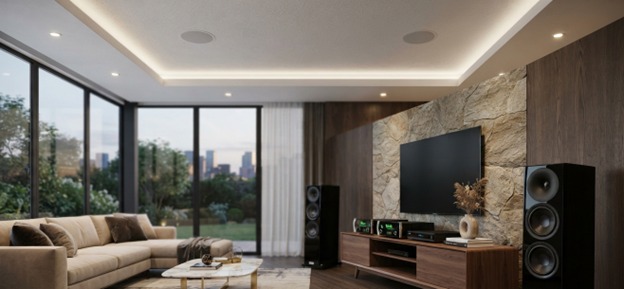 In-ceiling architectural speaker with paintable grille in a luxury interior.