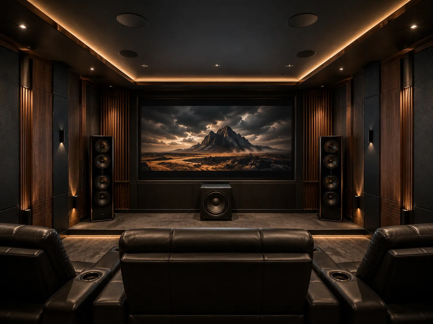 Luxury home cinema featuring a premium powered subwoofer, floor-standing speakers, Dolby Atmos audio, and elegant custom home theater design with immersive cinematic sound.