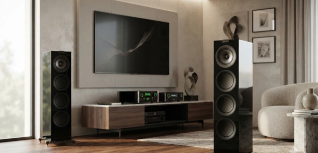 Luxury floor-standing speakers styled in an elegant living room.