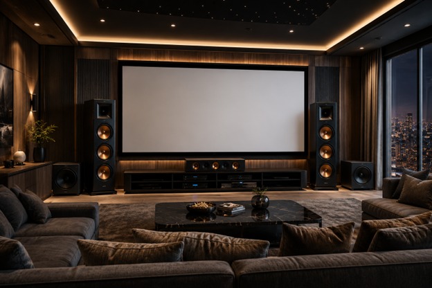 Luxury home theatre with premium speaker system in a modern living room.