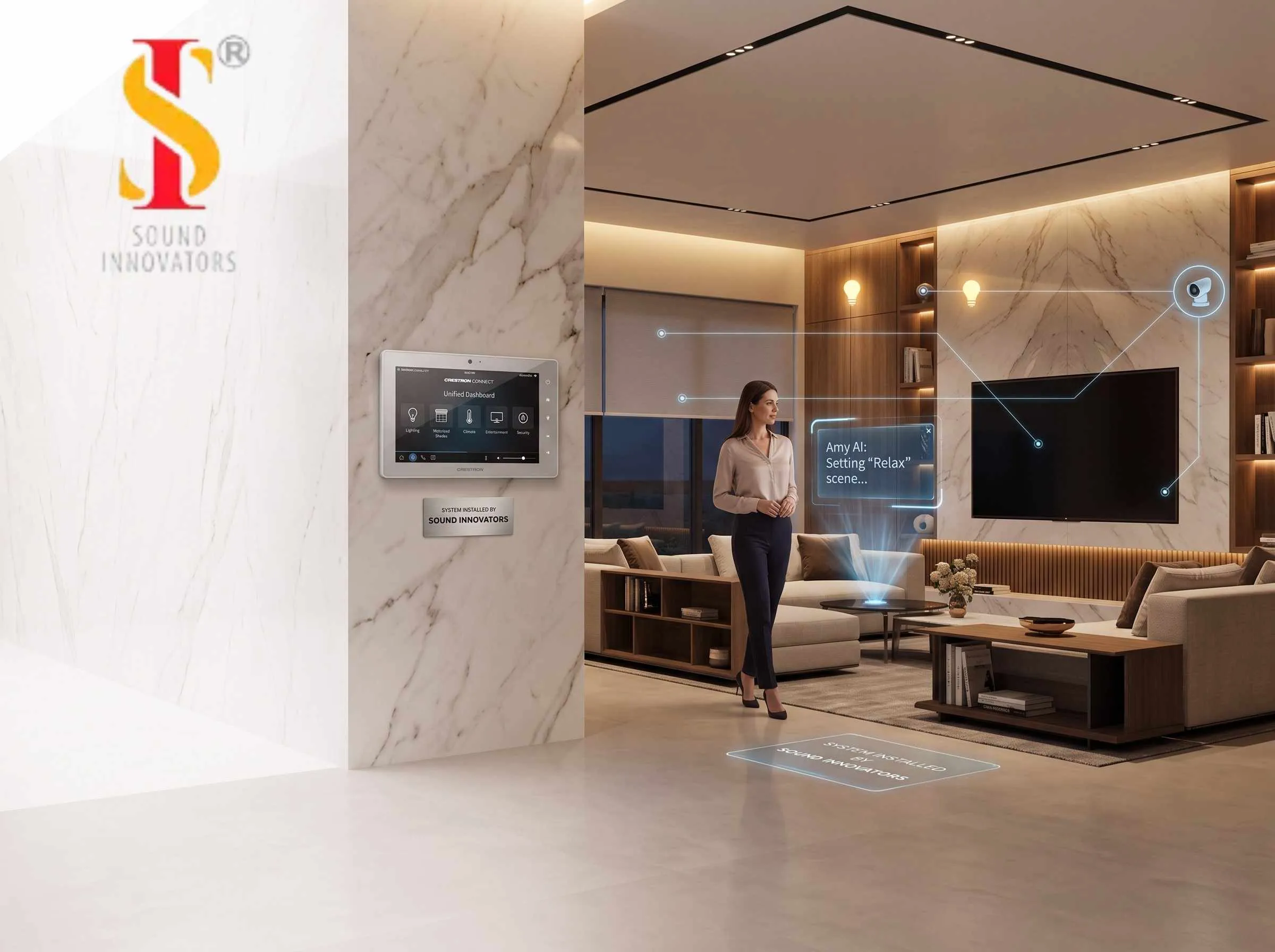 Sound Innovators luxury Crestron smart home automation with Amy AI voice assistant, whole-home control, intelligent lighting, security, climate, and entertainment automation in India.