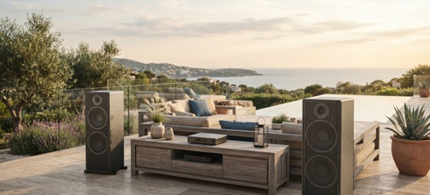 Weatherproof outdoor speakers installed on a luxury terrace.