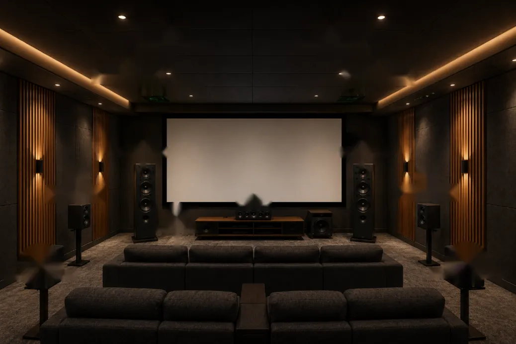 Dolby Atmos home cinema setup diagram showing speaker and subwoofer placement