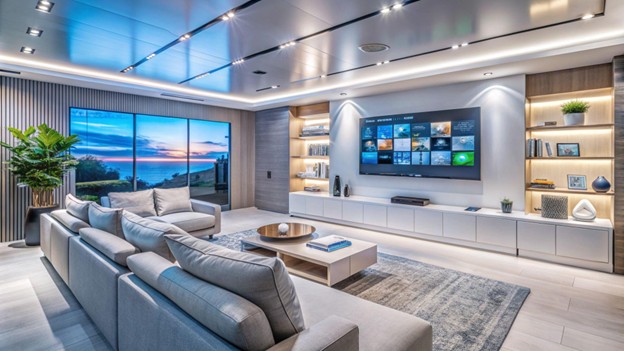 Luxury home theatre with integrated acoustic design, premium seating, and concealed AV system.