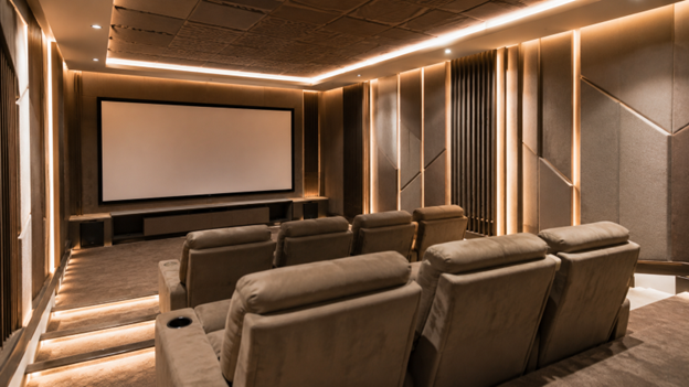 Professional measuring a luxury home theatre room for acoustic and AV design.