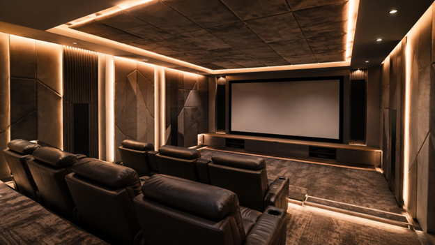 Luxury home cinema with professionally integrated acoustic treatment and concealed speakers.