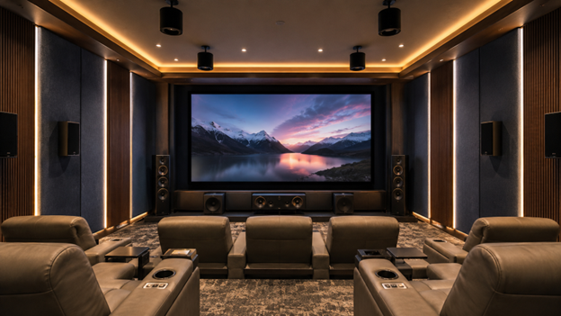 Luxury Dolby Atmos home cinema with professionally positioned surround and ceiling speakers.