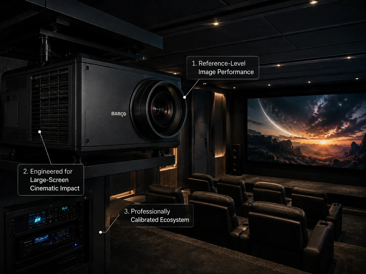 Barco Residential projector delivering reference-level image performance in a premium large-screen home cinema.