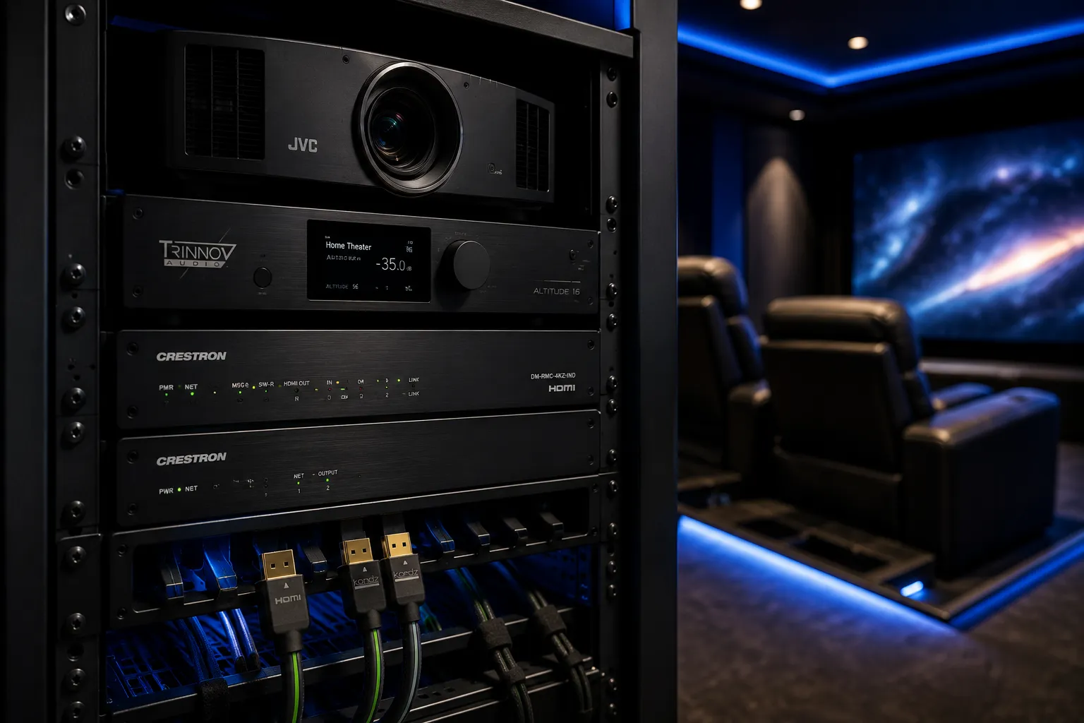 Kordz certified HDMI cables installed in a luxury home cinema rack with JVC projector and Trinnov processor.