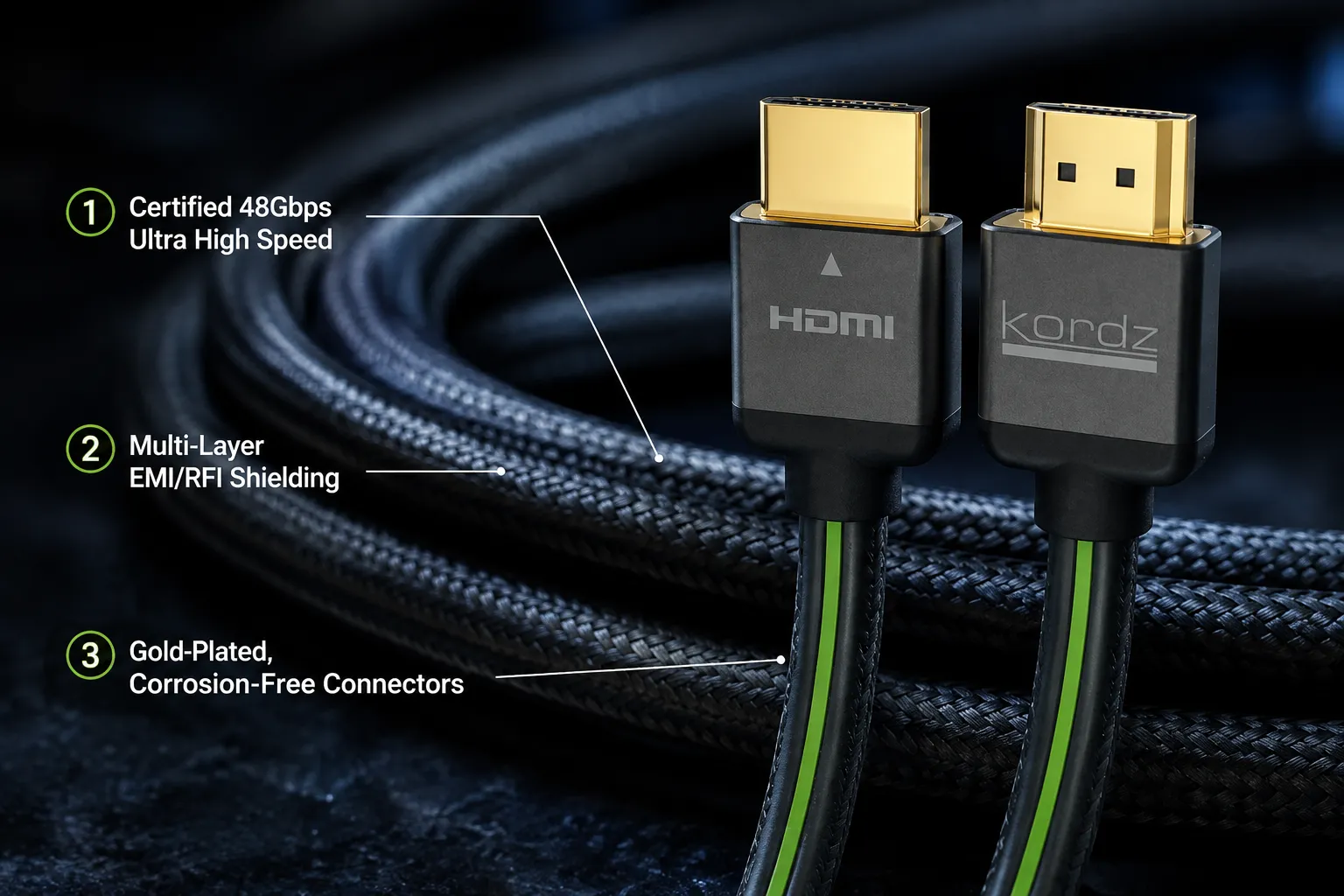 Kordz certified Ultra High Speed HDMI cable with 48Gbps bandwidth and gold-plated connectors for home theater installations.