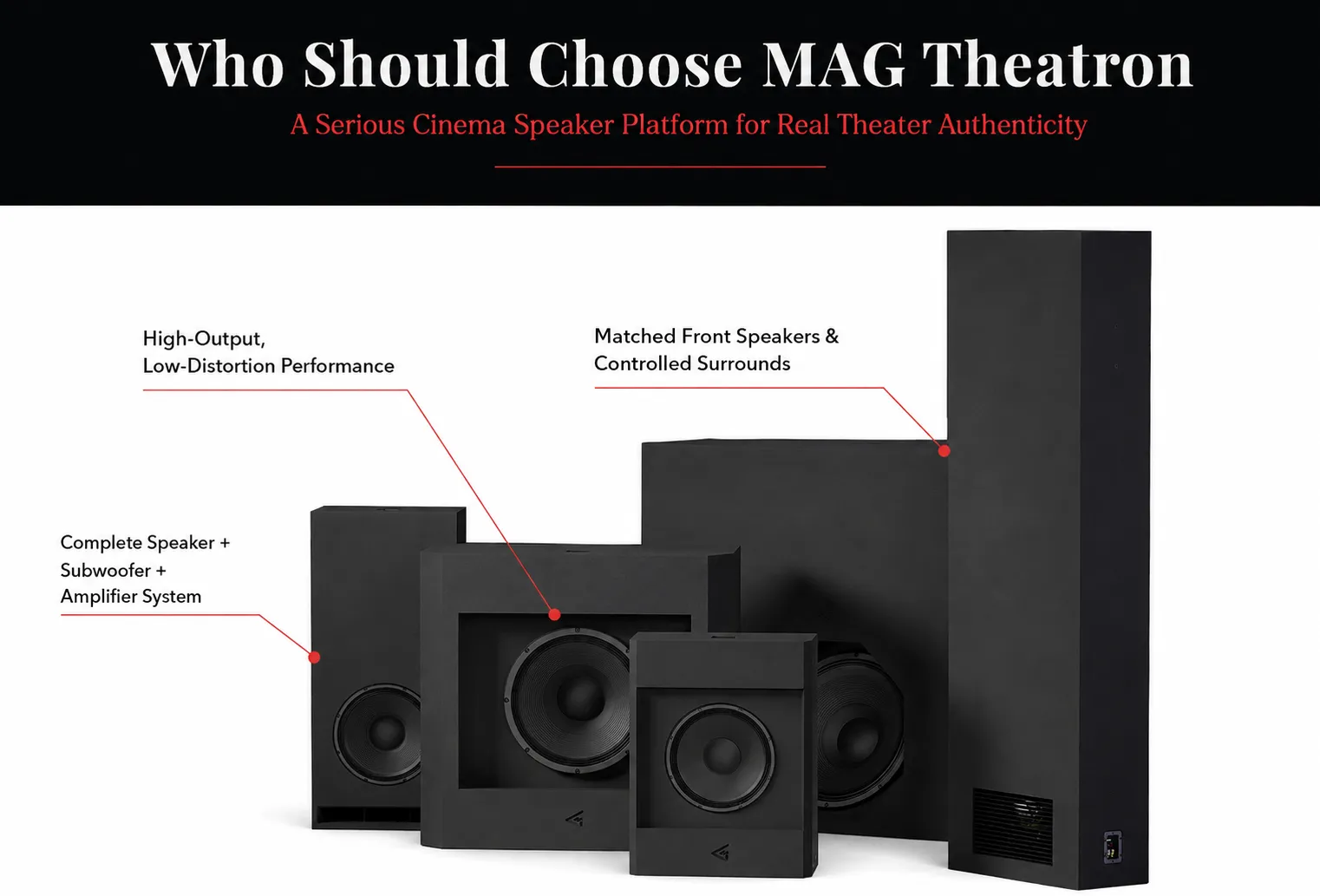 MAG Theatron subwoofer and tower speaker lineup for premium home cinema sound systems.
