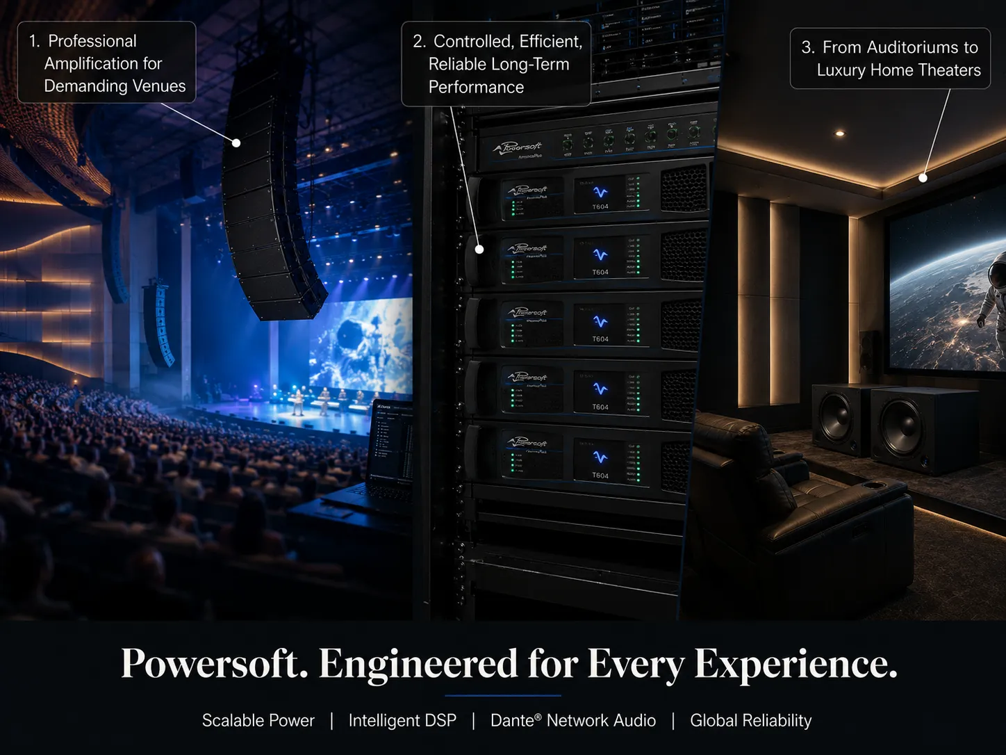 Powersoft professional amplification system used in auditoriums, event venues, and luxury home theaters.