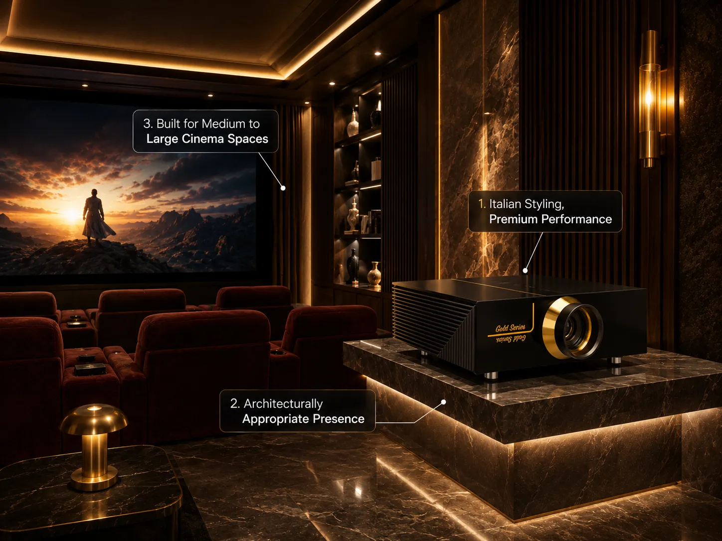 SIM2 projector with Italian design styling in a large luxury living-room home cinema setup.