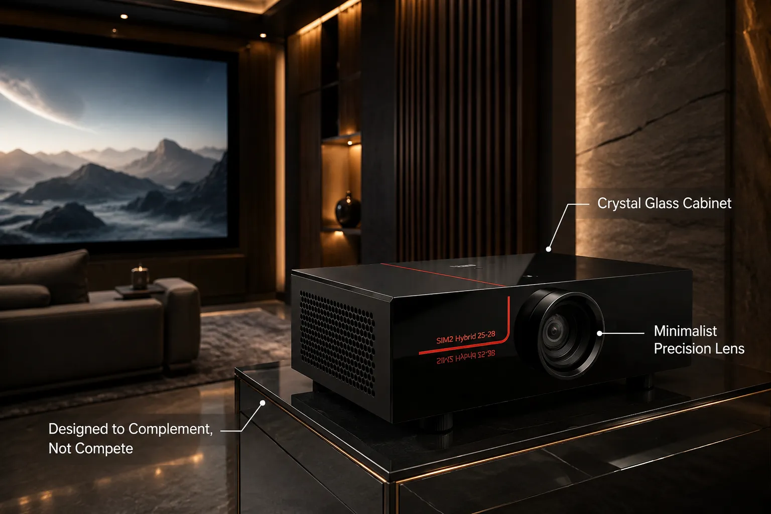 SIM2 Hybrid 25-28 projector elegantly integrated into a luxury home theater with minimalist black glass design.