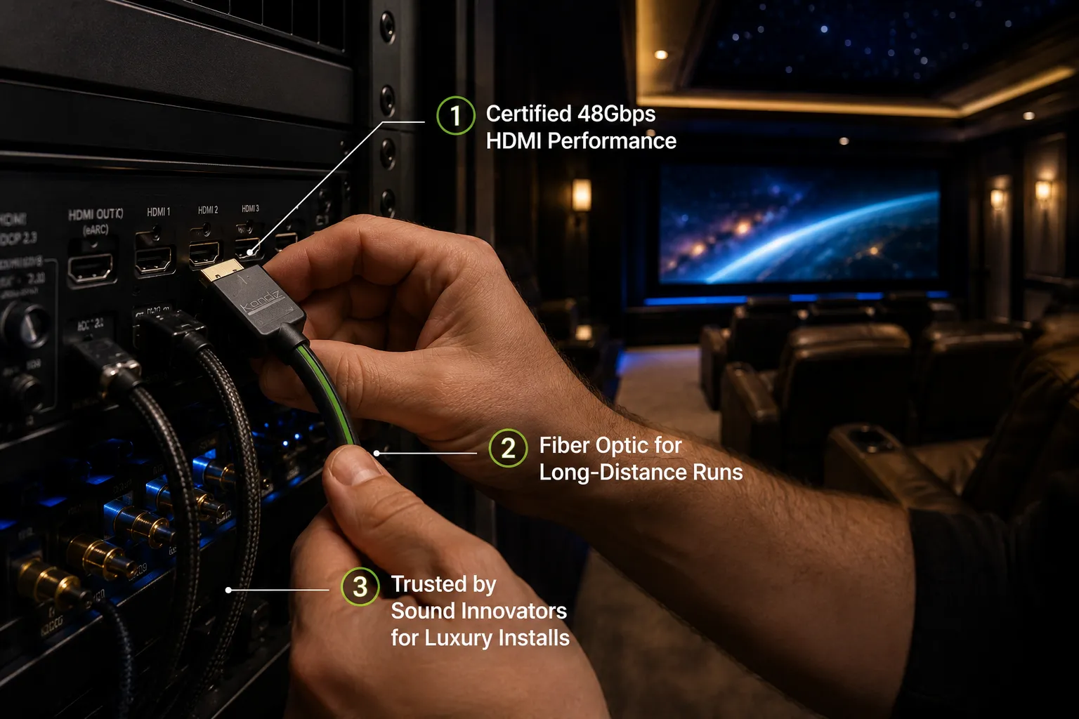 Sound Innovators installing certified Kordz HDMI cables in a luxury home theater for flawless AV performance.
