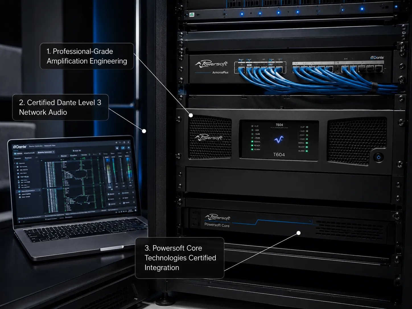 Sound Innovators Powersoft certified engineer integrating professional amplification with Dante network audio.