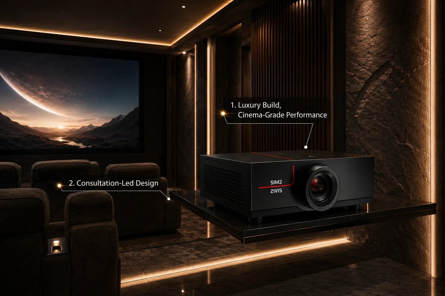 Sound Innovators certified SIM2 luxury projector installation in a premium consultation-led home cinema.