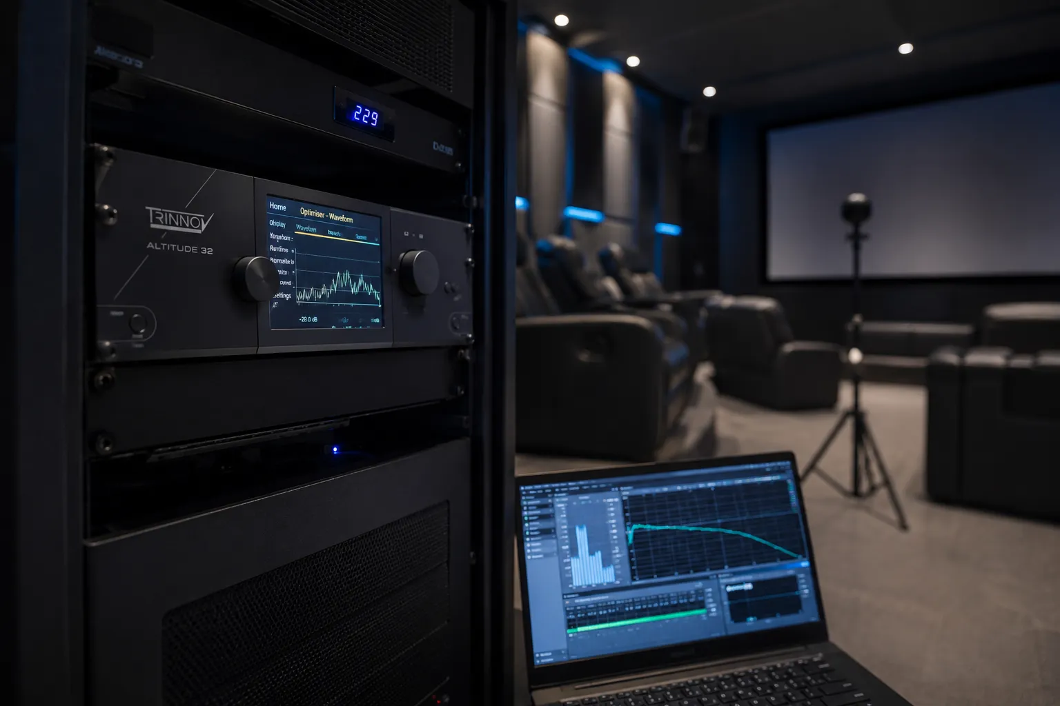 Sound Innovators Trinnov Certified Calibrator optimizing a luxury home theater with precision room correction.