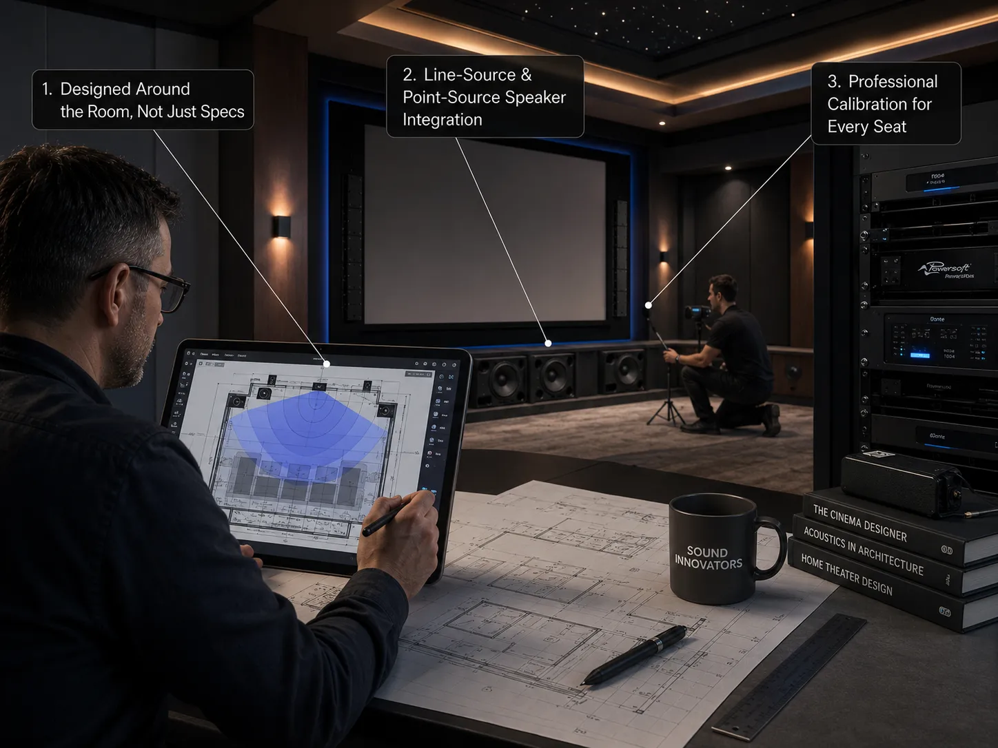 Sound Innovators designing a Wisdom Audio home theater system with precise speaker placement and calibration.