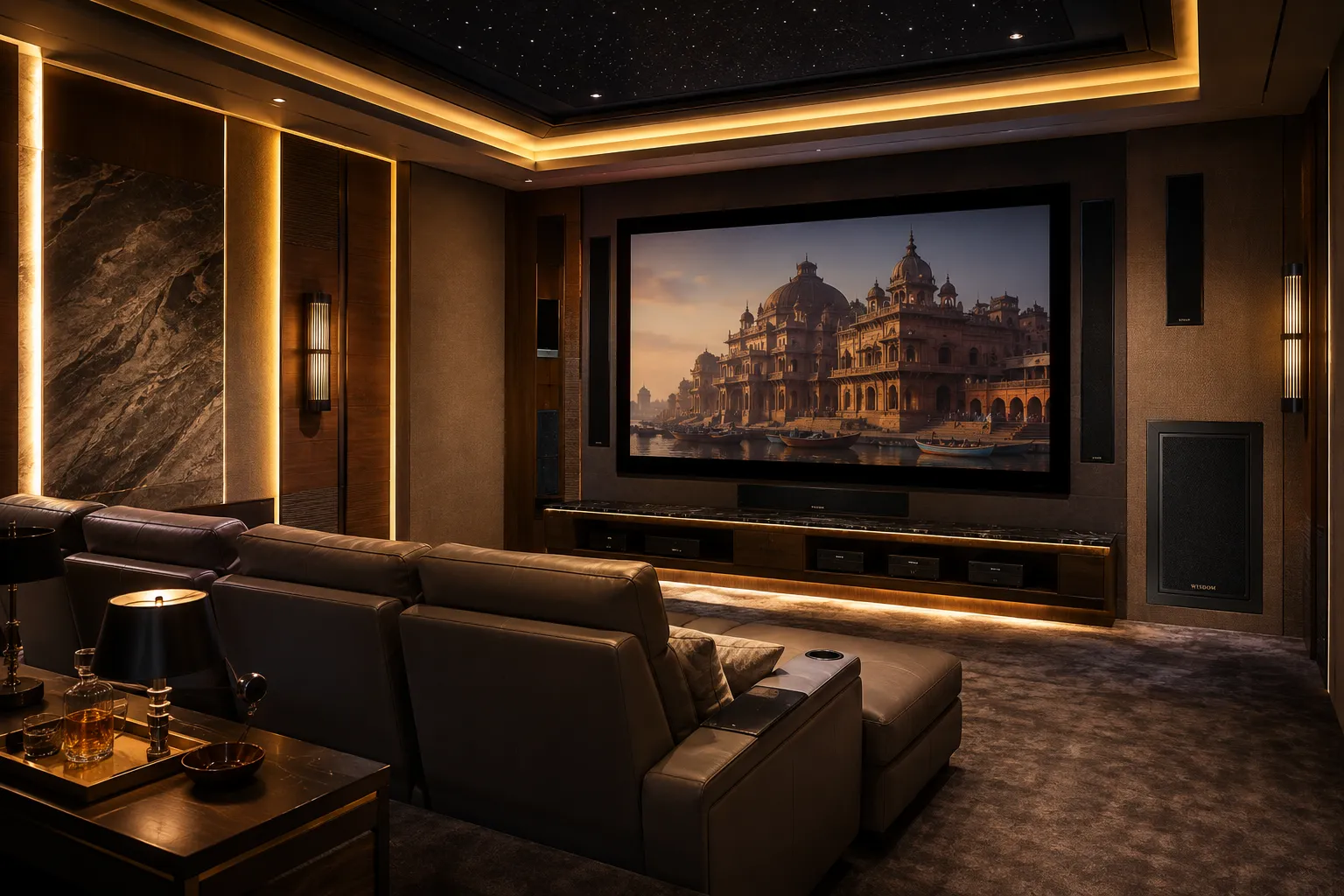 Bespoke Wisdom Audio luxury home theater designed and installed by Sound Innovators in India.
