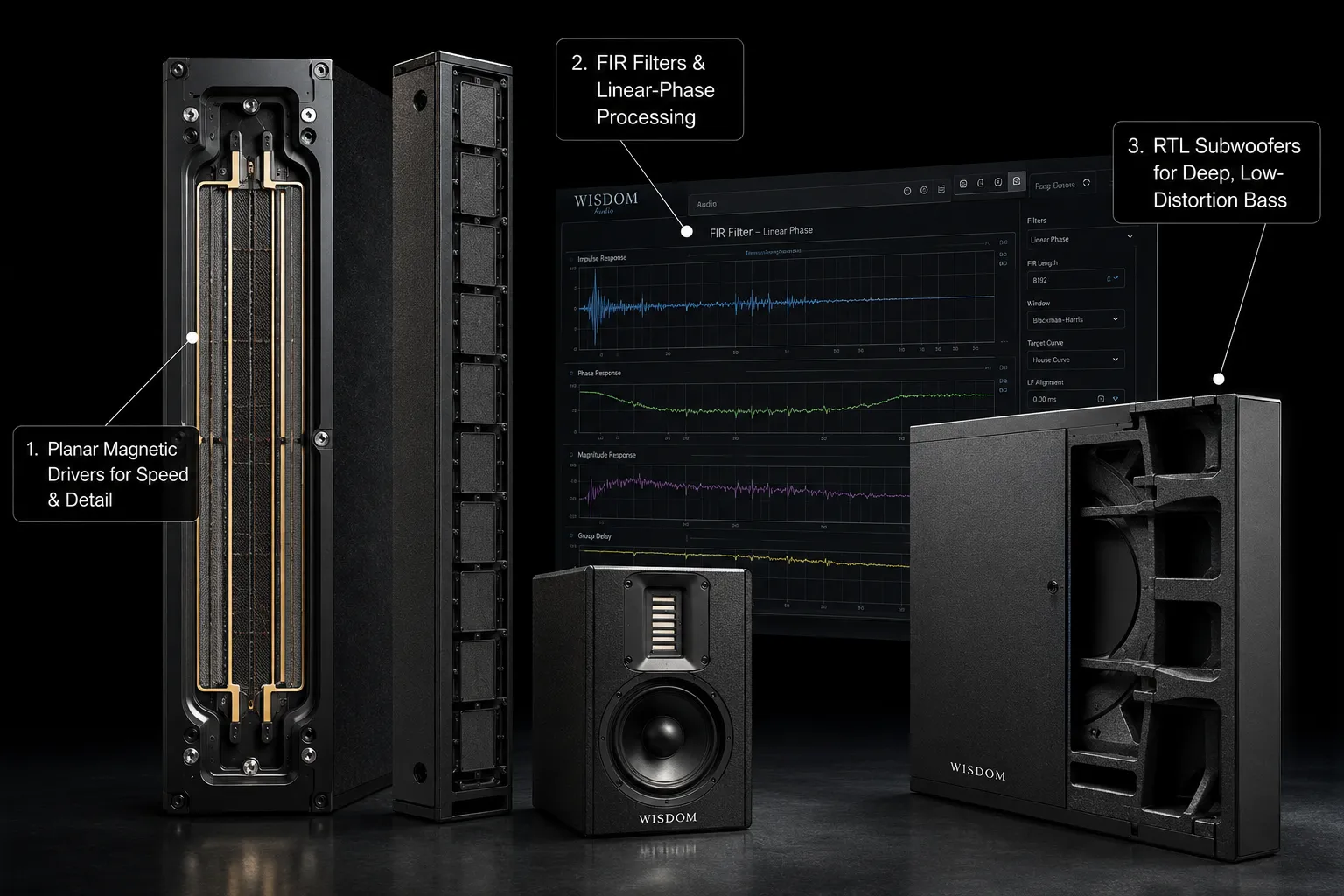 Wisdom Audio planar magnetic drivers, FIR processing, and RTL subwoofer technology for luxury home cinema sound.