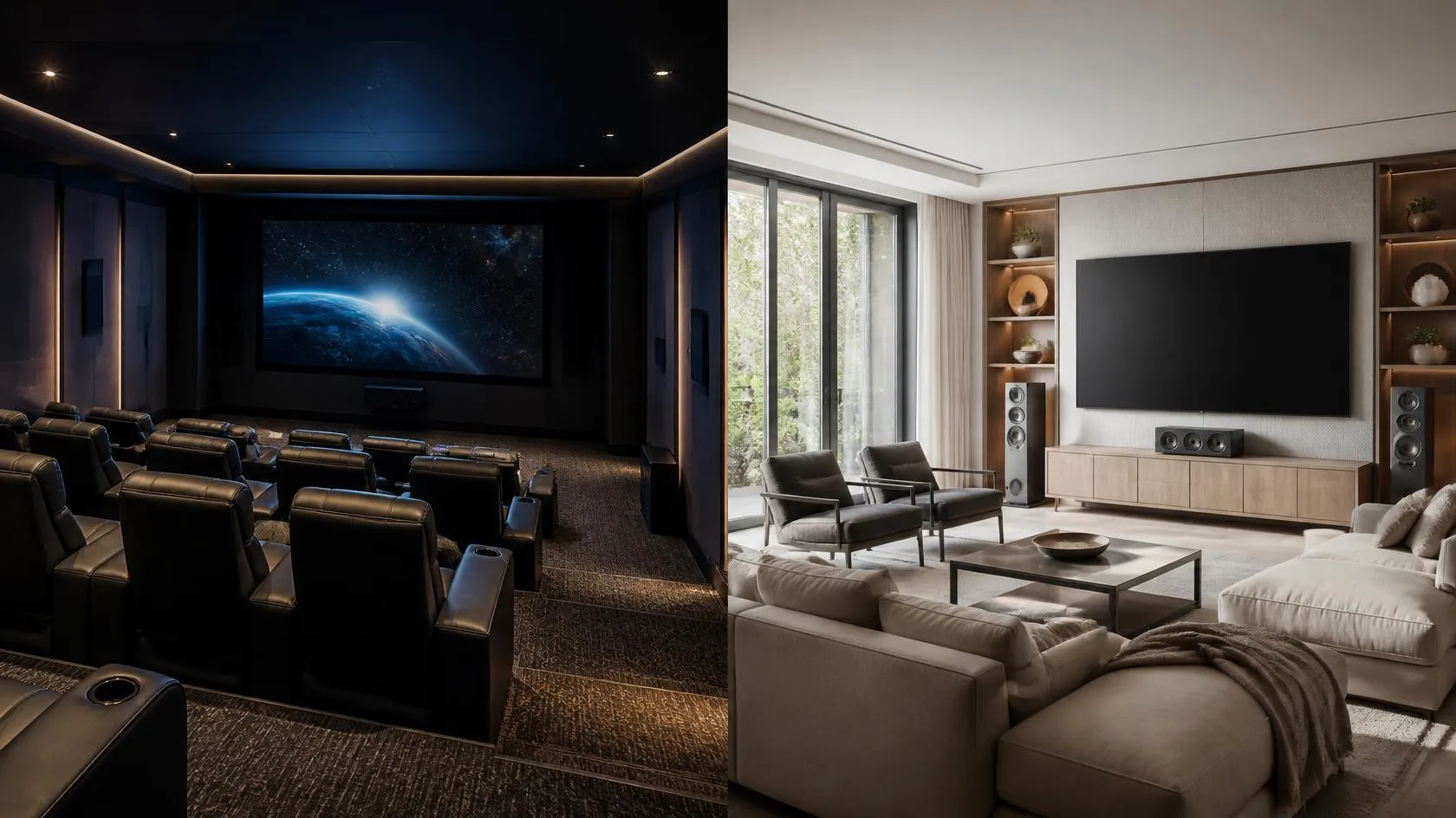 Split-screen comparison of a dedicated home theatre and a flexible media room.