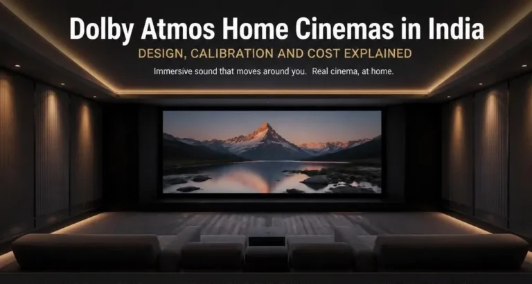 Dolby Atmos home cinema in India with 7.1.4 speaker layout and tiered seating.