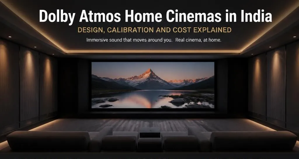 Dolby Atmos home cinema in India with 7.1.4 speaker layout and tiered seating.