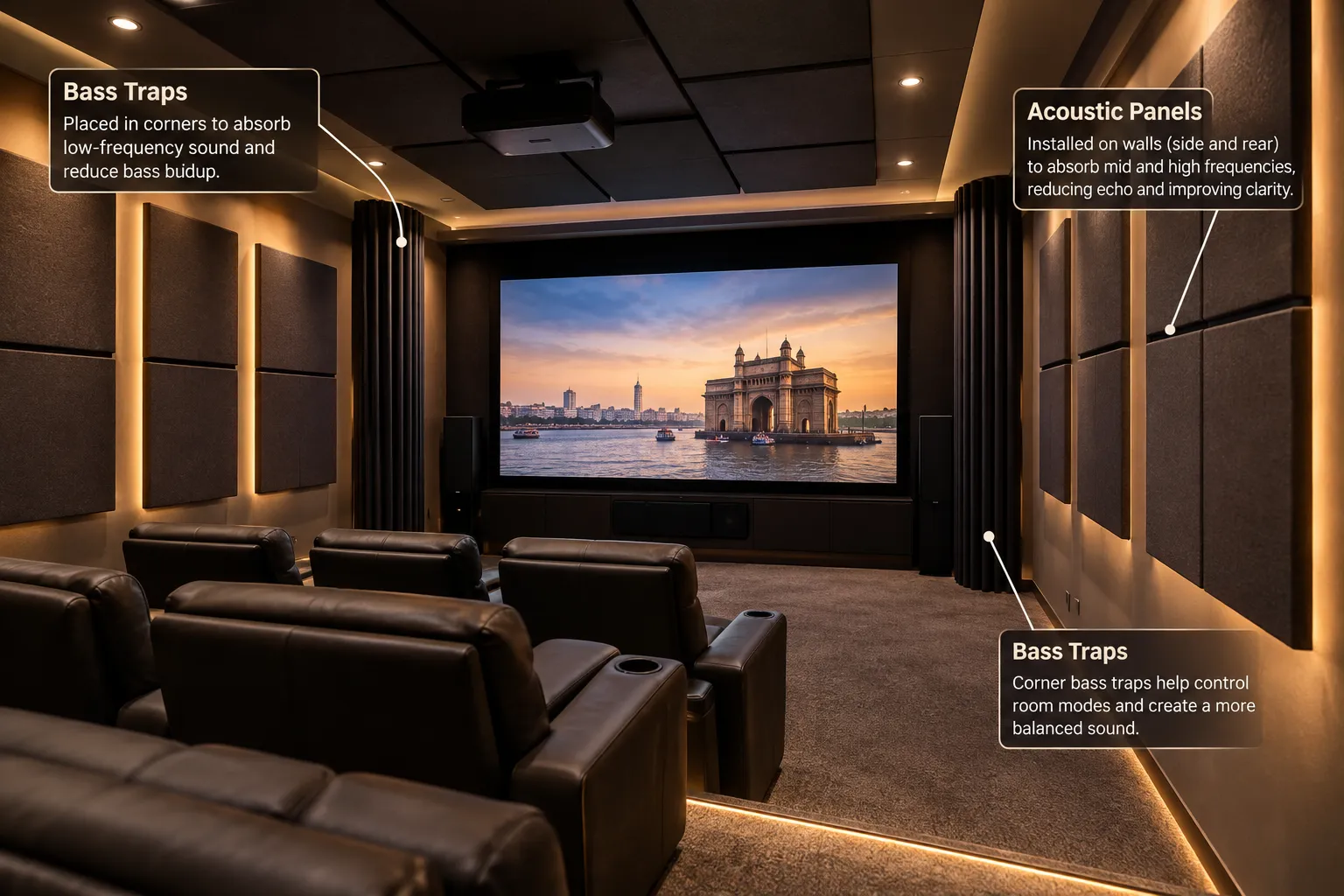 Acoustic panels and bass traps in a calibrated home theatre room in India.