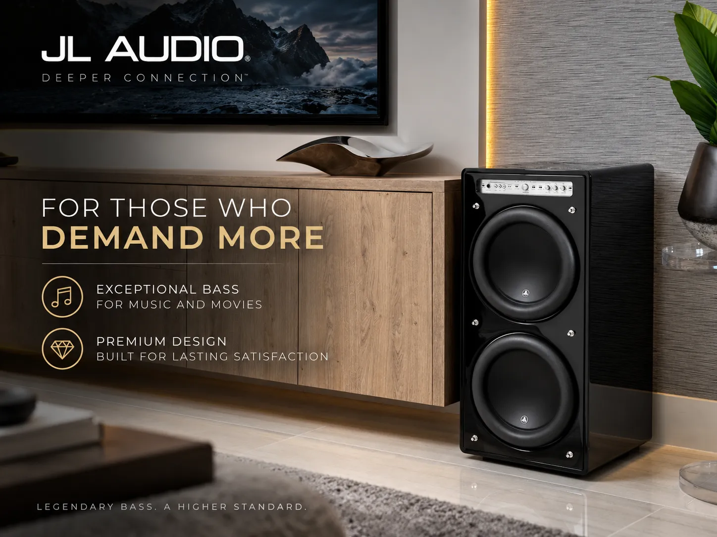 JL Audio dual-driver subwoofer in a luxury living room for premium Hi-Fi and home theater audio.