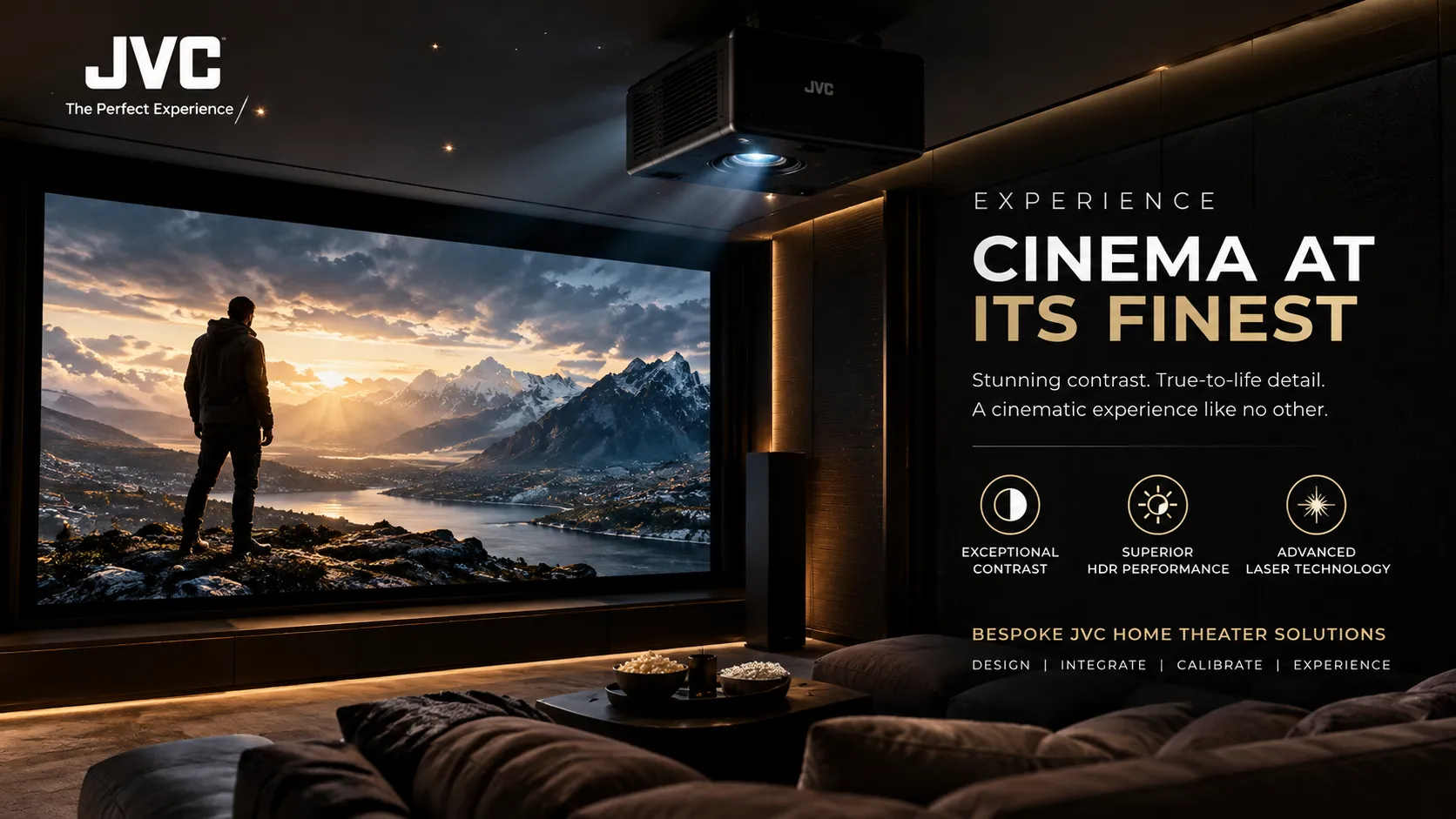 JVC premium home theater projector delivering exceptional contrast, HDR performance, and a luxury cinematic viewing experience.