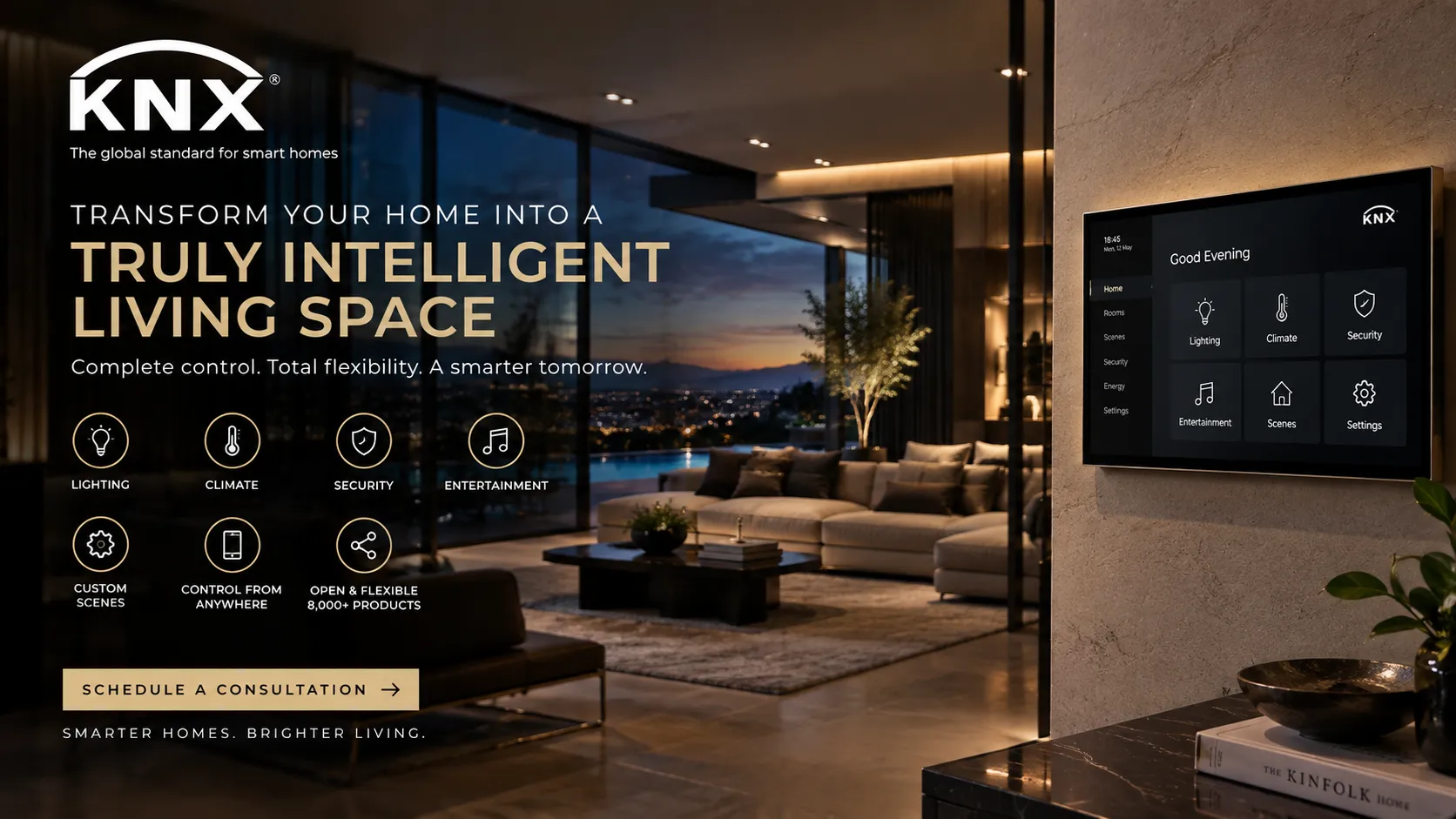 KNX smart home automation system controlling lighting, climate, security, entertainment, and custom scenes in a luxury living space.