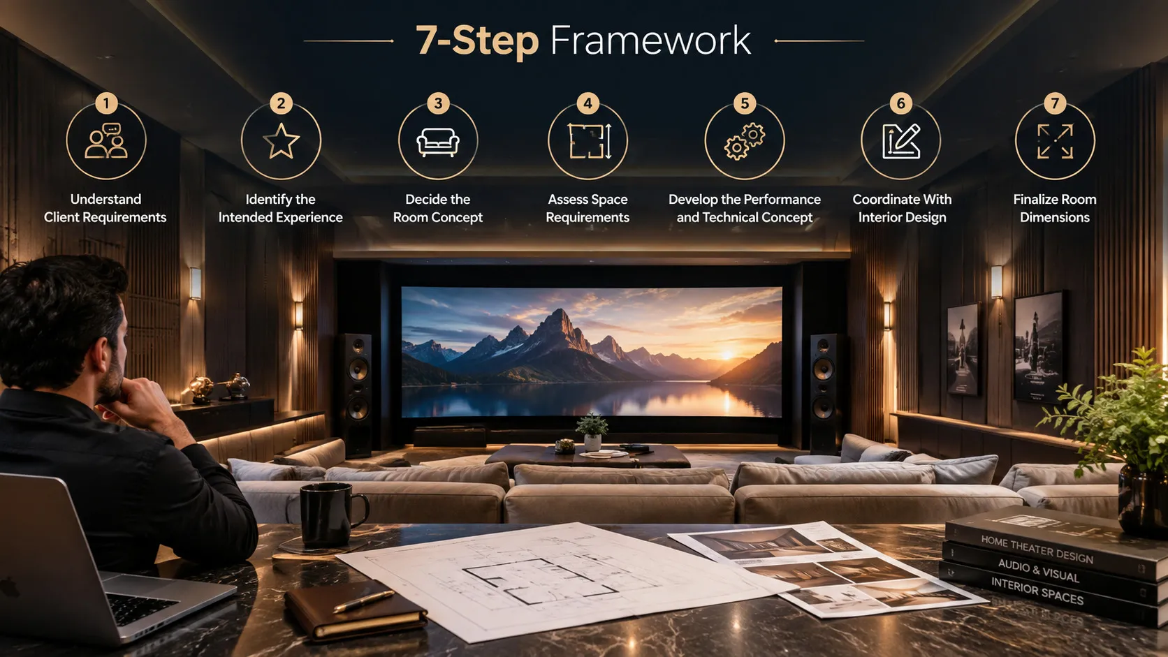 7-step framework for luxury home theatre consultation and design in India.