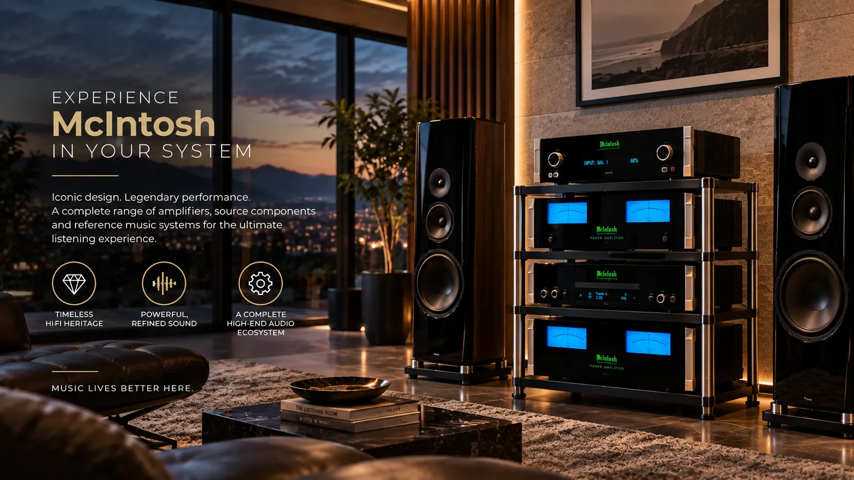 McIntosh high-end audio system with premium amplifiers and speakers in a luxury listening room.