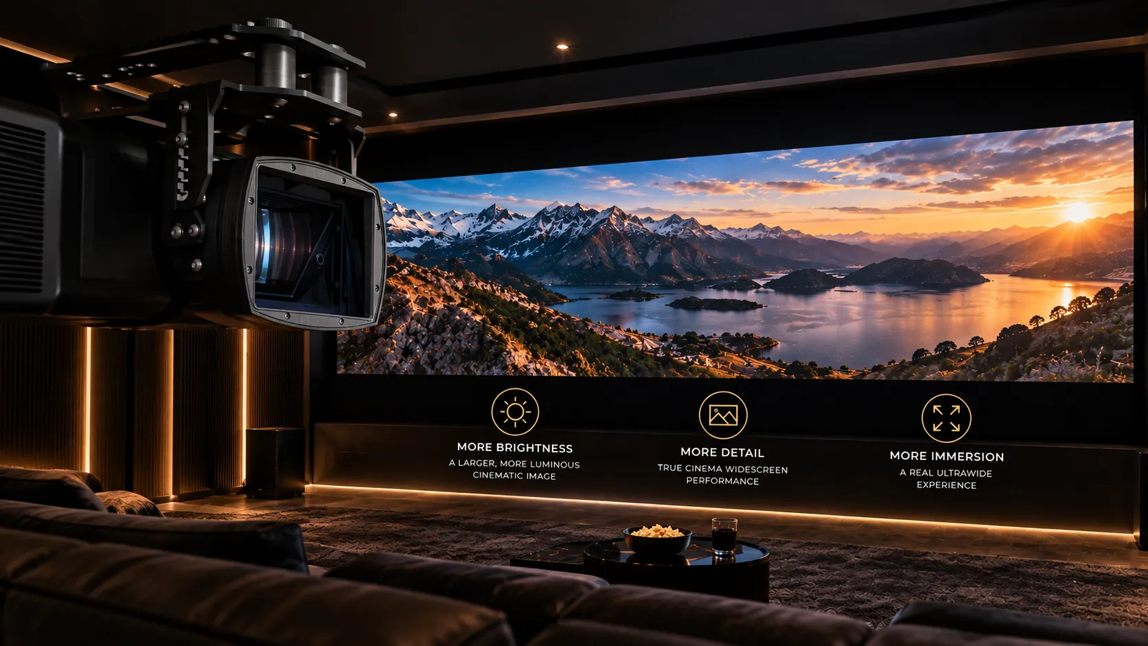 Panamorph anamorphic lens in a luxury home theater delivering an immersive ultra-wide cinematic projection experience.
