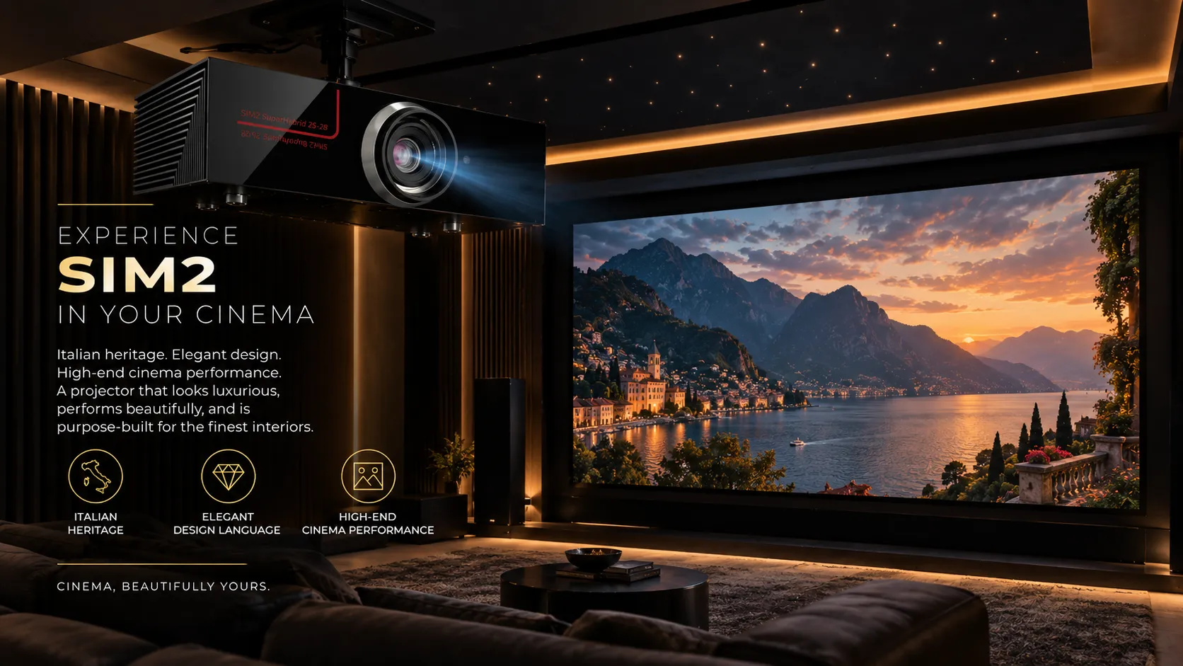 SIM2 luxury home cinema projector delivering high-end image performance with elegant Italian design.