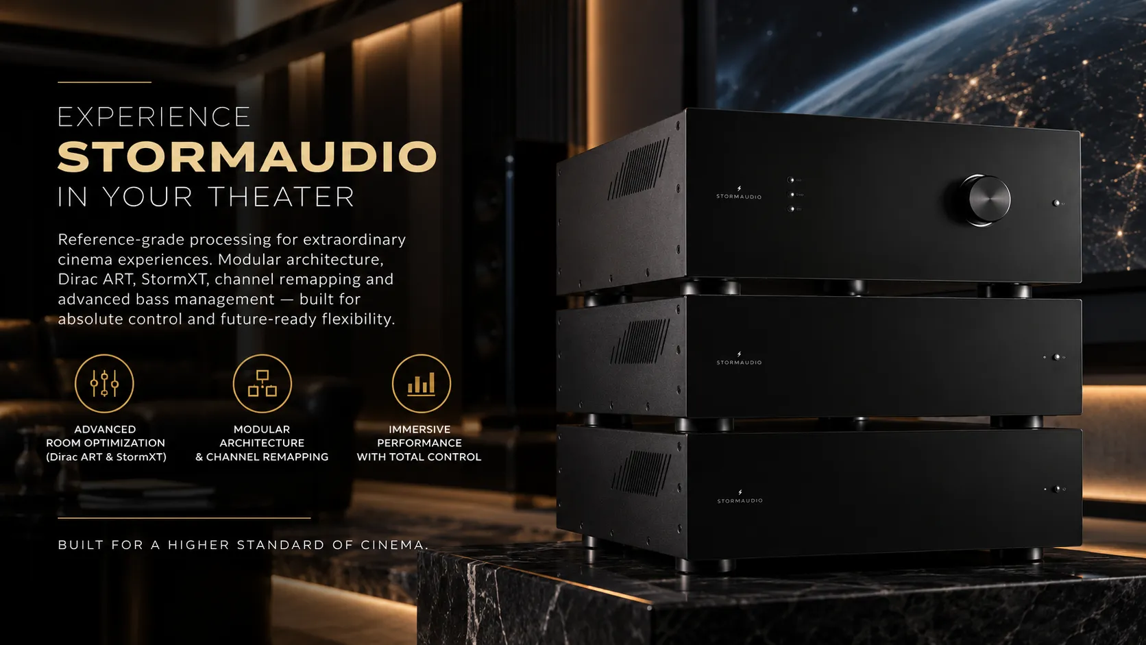 StormAudio reference home theater processor with advanced immersive audio processing and room optimization in a luxury cinema.