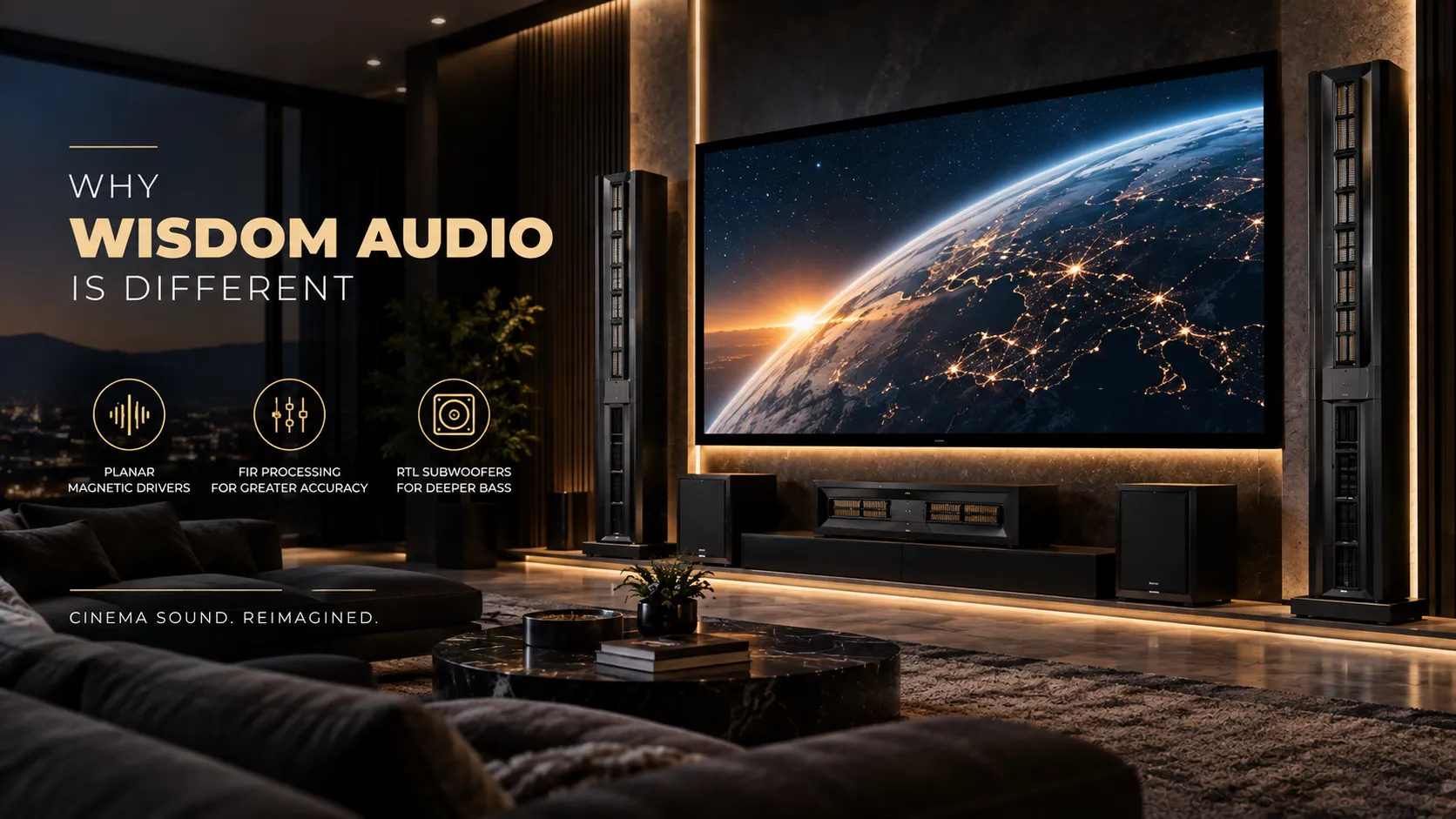 Wisdom Audio planar magnetic drivers, FIR processing, and RTL subwoofer technology for luxury home cinema sound.