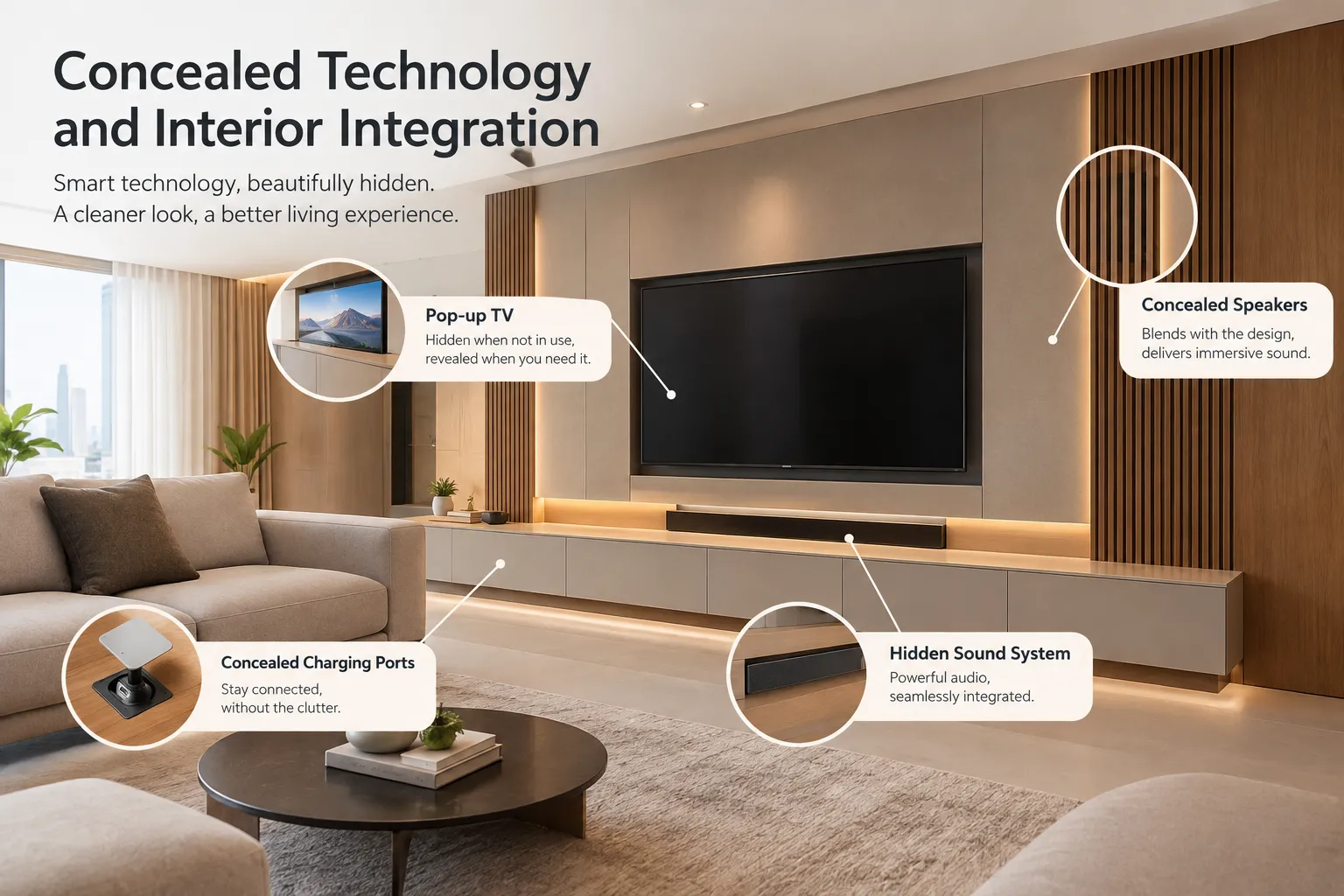 Concealed technology and interior integration with hidden speakers, pop-up TV, and integrated home audio system.