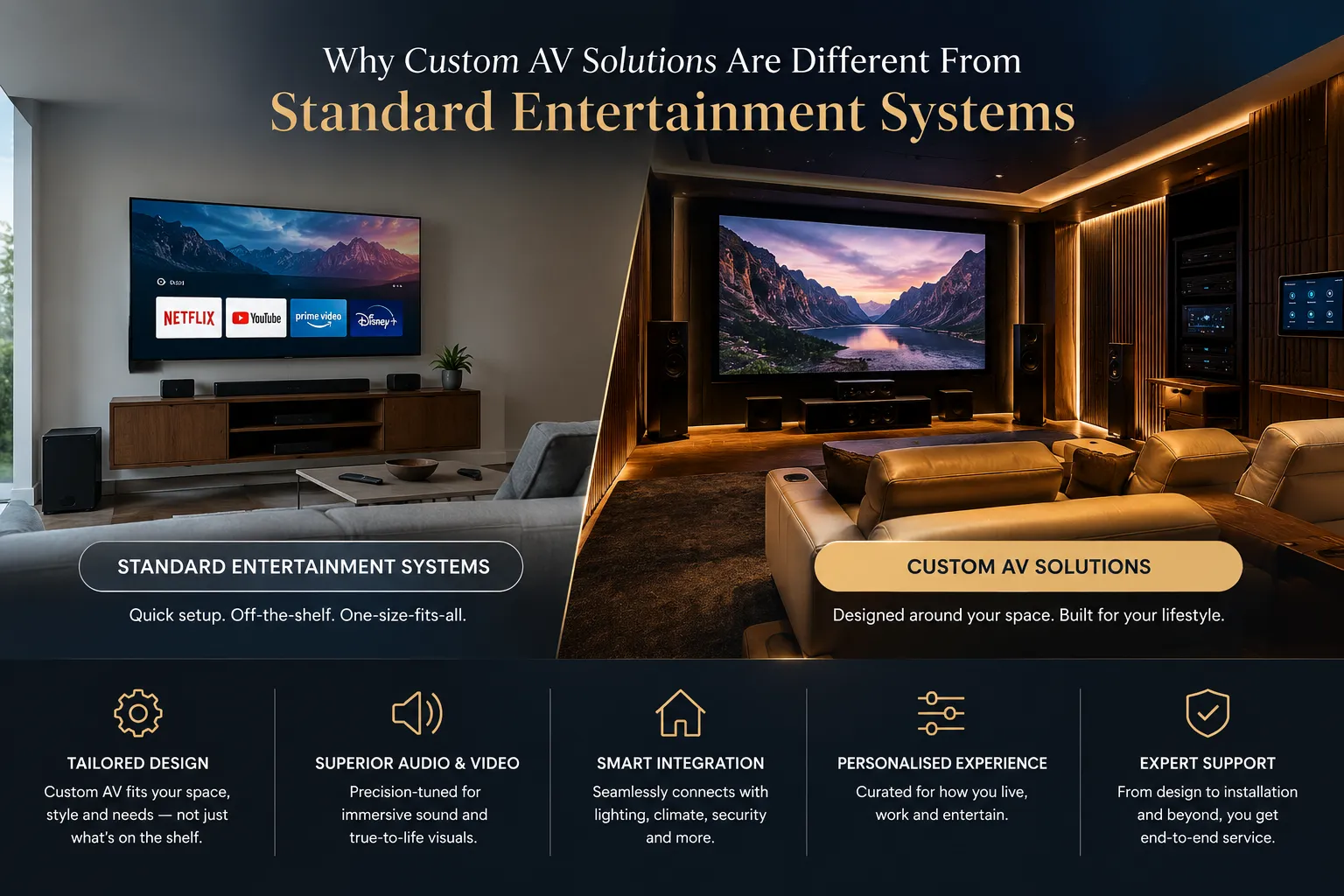 Custom AV solutions compared with standard entertainment systems.