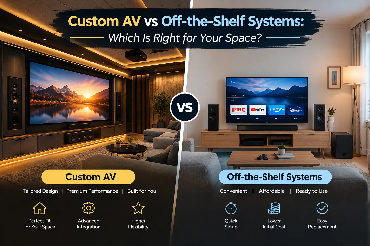 Custom AV vs off-the-shelf home entertainment systems comparison.