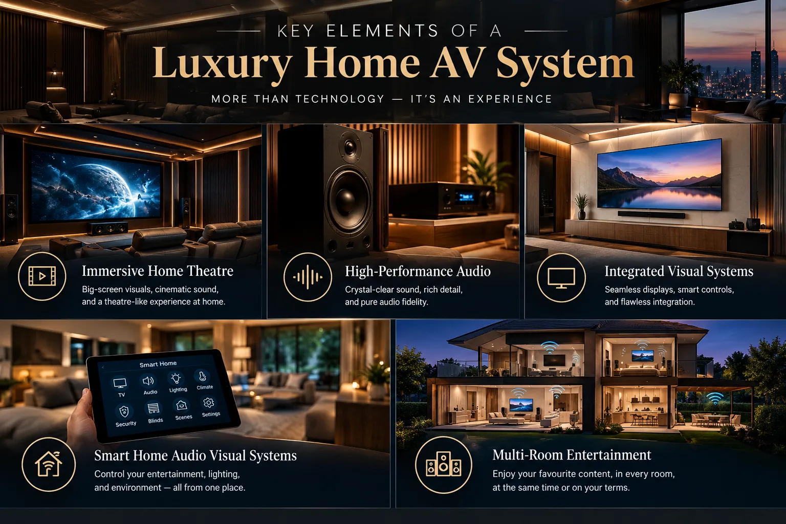 Key elements of a luxury home AV system including home theatre, high-performance audio, visual systems, smart AV and multi-room entertainment.